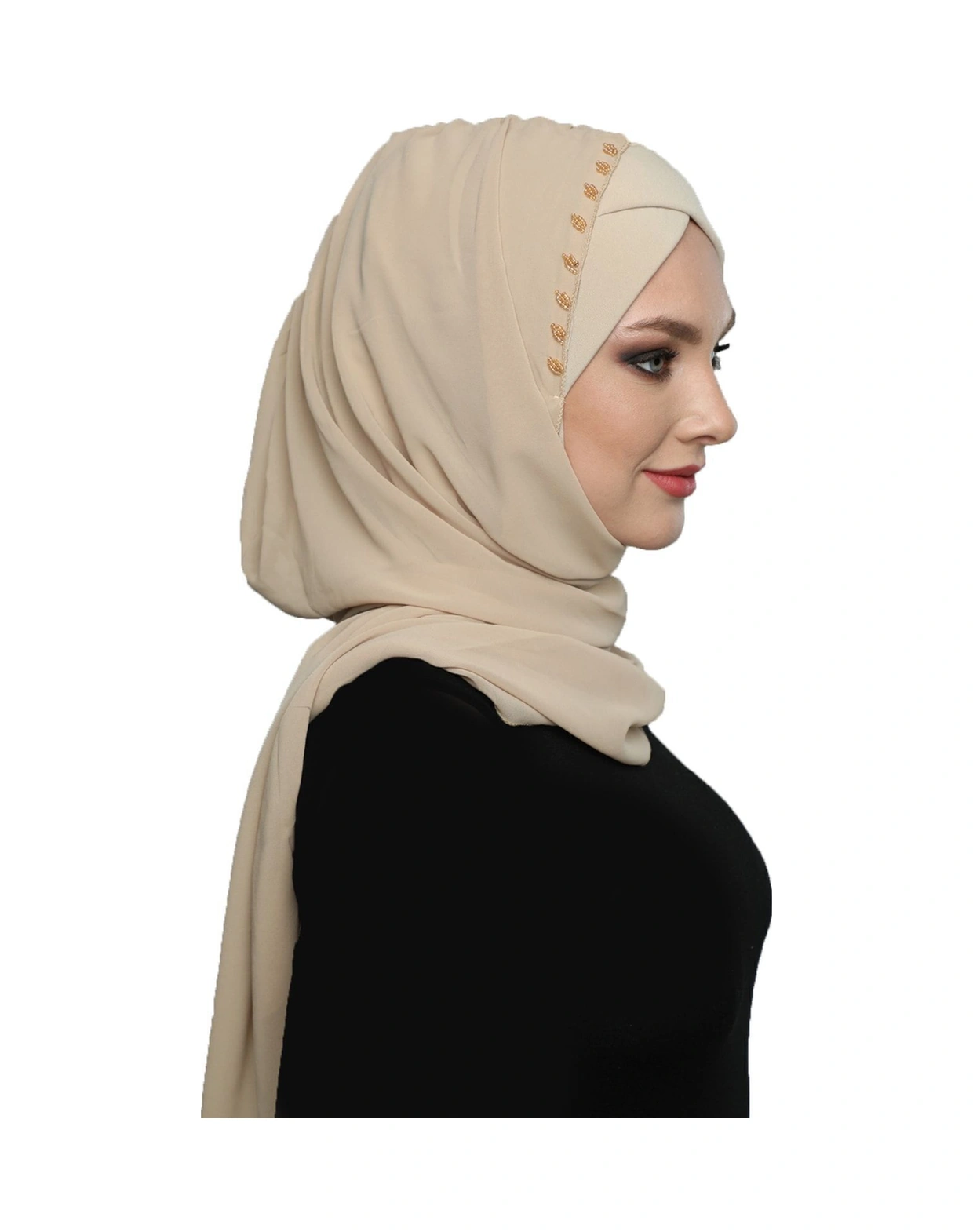 Şallı Takmatik Taşlı Bej Hazır Türban Tesettür Bone Namaz Örtüsü Bej