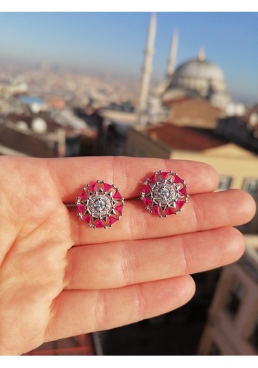 Silver Point Pembe Taşlı Çivili Küpe Gümüş