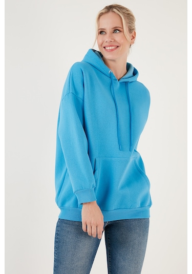 Lela Regular Fit Pamuklu Kapüşonlu Yaka Şardonlu Kışlık Bayan Sweat 5863854 Turkuaz