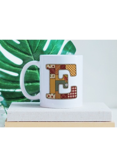 E Harfi Sonbahar Kış Temalı Yamalı Tasarım Kupa Bardak - Etnik Ve Pathwork Severlere Özel Hediye Beyaz