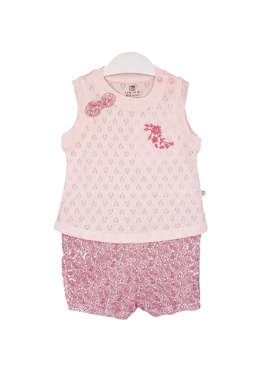 S-Mall Bibaby Pink Flowers Şortlu Jakarlı Bebek Takımı - 2 Li - Pembe