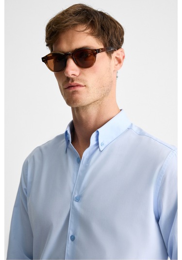 Rısto Erkek Düğmeli Yıkama Sonrası Ütü Ihtiyacını En Aza Indiren Kumaş Manşetli Mavi Gömlek