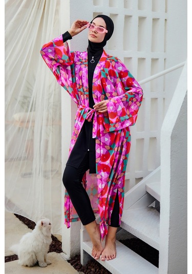 Remsa Tesettür Mayo Üzerine Tek Kaftan Kimono Pareo Pembe03 Rp024 Renkpare Pembe