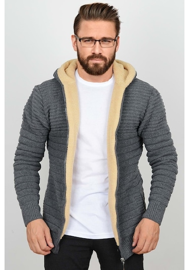 Erkek İçi Kürklü Kapüşonlu Fermuarlı Triko Hırka T743- Koyu Gri