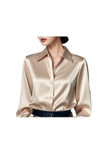 Kadın Gömlek Düz Renk Pürüzsüz Saten Uzun Kollu Yaka Rahat Üstler Tek Göğüslü Fransız Tarzı Ofis Gömlek Şampanya