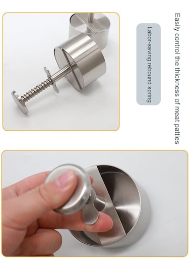 Yaylı Düğmeli Ayarlanabilir Burger Presi Hamburger Köfte Makinesi, Paslanmaz Çelik Yapışmaz Dolgulu Hamburger Presi Makinesi 10 Cm