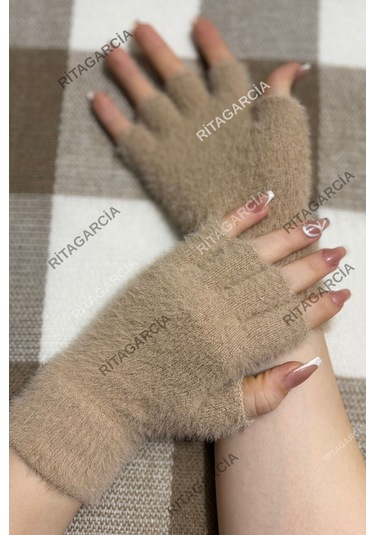 Peluş Kesik Parmak Eldiven Bej2