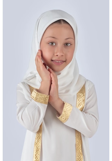 Eşarplı Ferace Medine İpek Kumaş Kız Çocuk Beyaz