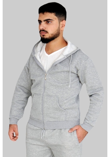 Gri 3 Iplik Fermuarlı Kapşonlu Sweatshirt Gri