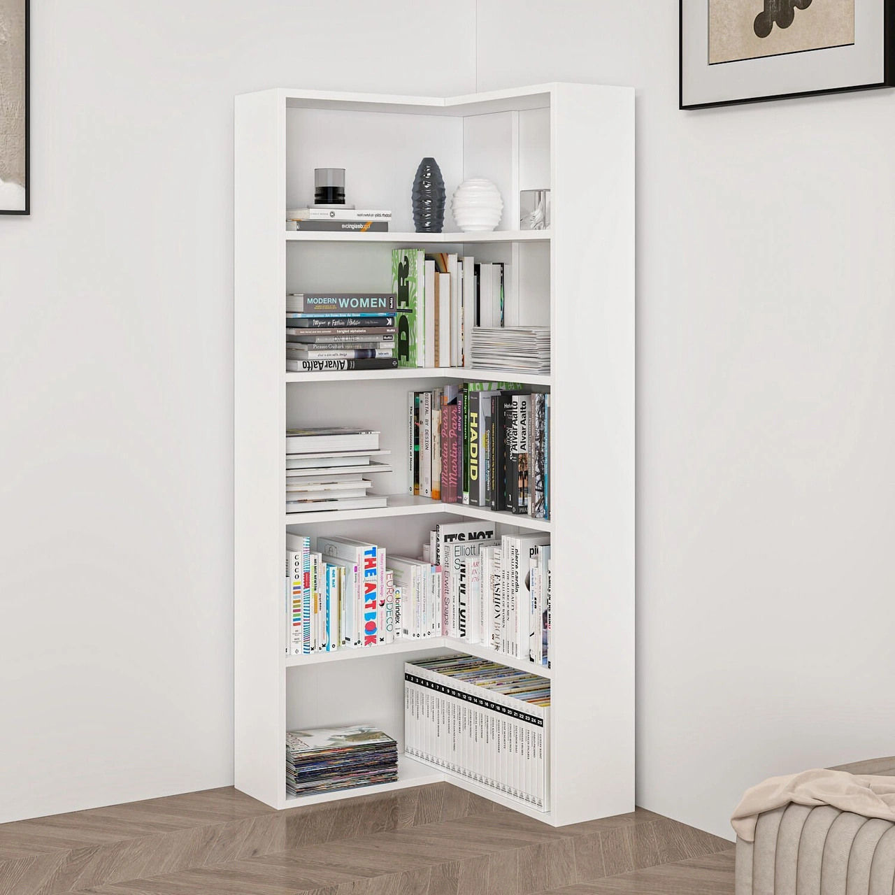 Adel 4 Raflı Köşe Kitaplık - Beyaz Beyaz