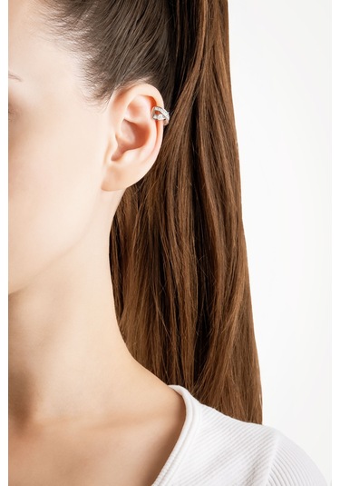 Baget Taşlı 18 Ayar Beyaz Altın Kaplama Gümüş Tek Kıkırdak Küpe Beyaz