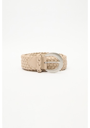 Örgü Deri Tokalı Kemer Bej Bej