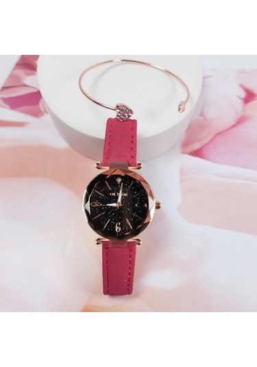 Kadın Saat Seti Bilezik Moda Aydınlık Eller Dişli Hareket Retro Kuvars Kol Saati Kırmızı Diğer
