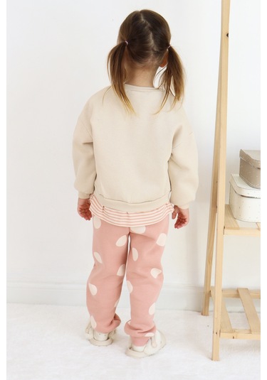 Kız Çocuk Smile And Happy Baskılı Kalın Eşofman Takımı Ekru