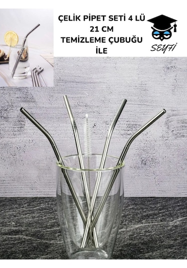 Çelik Pipet Seti 4 Lü 21 Cm Temizleme Çubuğu İle