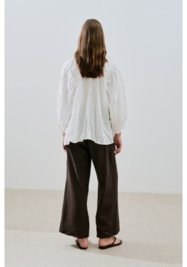 Keten Krushlı Düğmeli Bluz Ekru Ekru