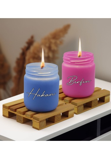 Bk Gift Kişiye Özel Dtf İsimli 2 Li Mavi Ve Pembe Renkli Cam Kavanozda Kokulu Mum-1, Arkadaşa Hediye, Sevgiliye Hediye