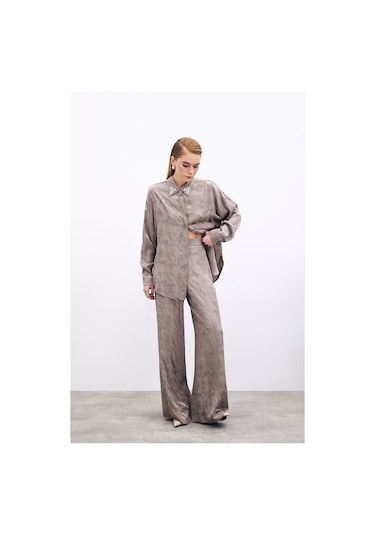 Sateen Jakarlı Salaş Pantolon - Vizon