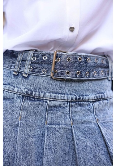 Bpm Kemerli Pileli Denim Etek 001