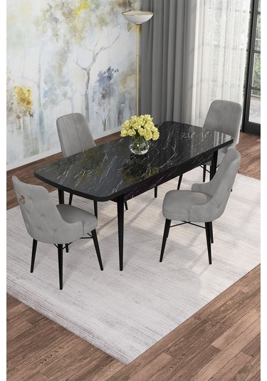 Mona Siyah Mermer 80x132 Açılabilir Mdf Masa Yemek Odası Takımı, Mutfak Takımı 4 Adet Sandalye Siyah Mermer - 4 Gri - Siyah Ayak Mona Siyah Mermer 80x132 Açılabilir Mdf Masa Yemek Odası Takımı, Mutfak Takımı 4 Adet Sandalye Siyah Mermer - 4 Gri - Siyah Ayak