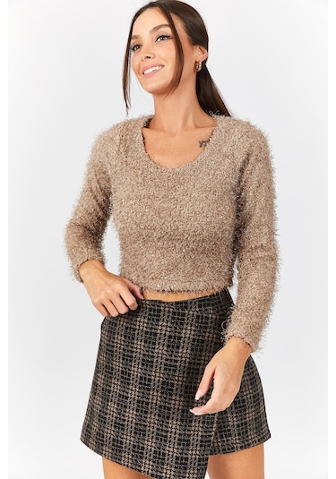 Armonika Kadın Bej Pullu Sakallı Crop Kazak Arm-22y001179