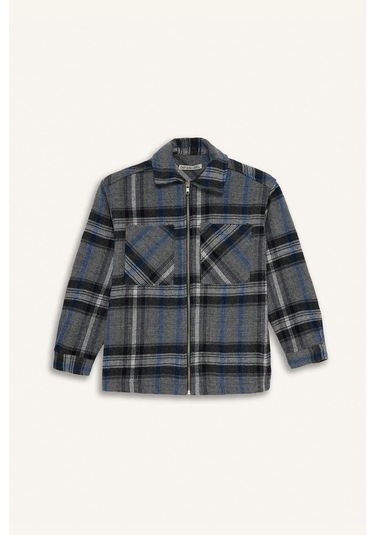 Defacto Erkek Çocuk Polo Yaka Ekose Desenli Fermuarlı Flanel Ceket G3295a825wnın42 İndigo-ın42