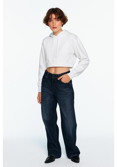 Üç İplik Kapüşonlu Crop Sweat Ekru