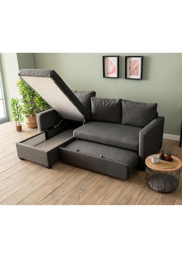 Pafu Kado Yataklı Köşe Koltuk Takımı - Keten Koyu Gri Koyu Gri
