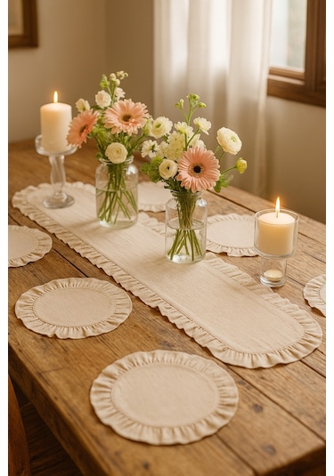 Fırfırlı Runner Ve Supla Takımı - Masa Örtüsü Takımı 7 Parça 145x40 Bej