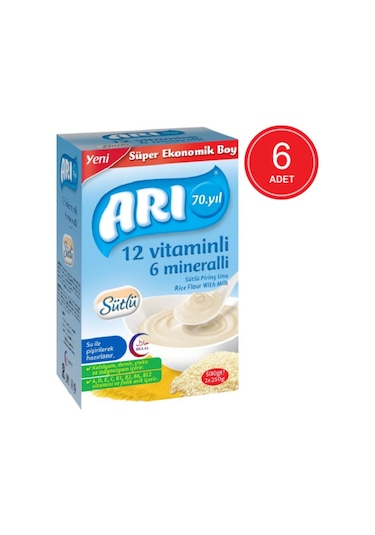Arı 12 Vitaminli 6 Mineralli Sütlü 6+ Ay Pirinç Unu 6 x 500 G