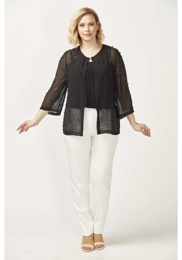 1951 Siyah İnci Ve Taş Baskılı Şifon Büyük Beden Şık Ceket Siyah