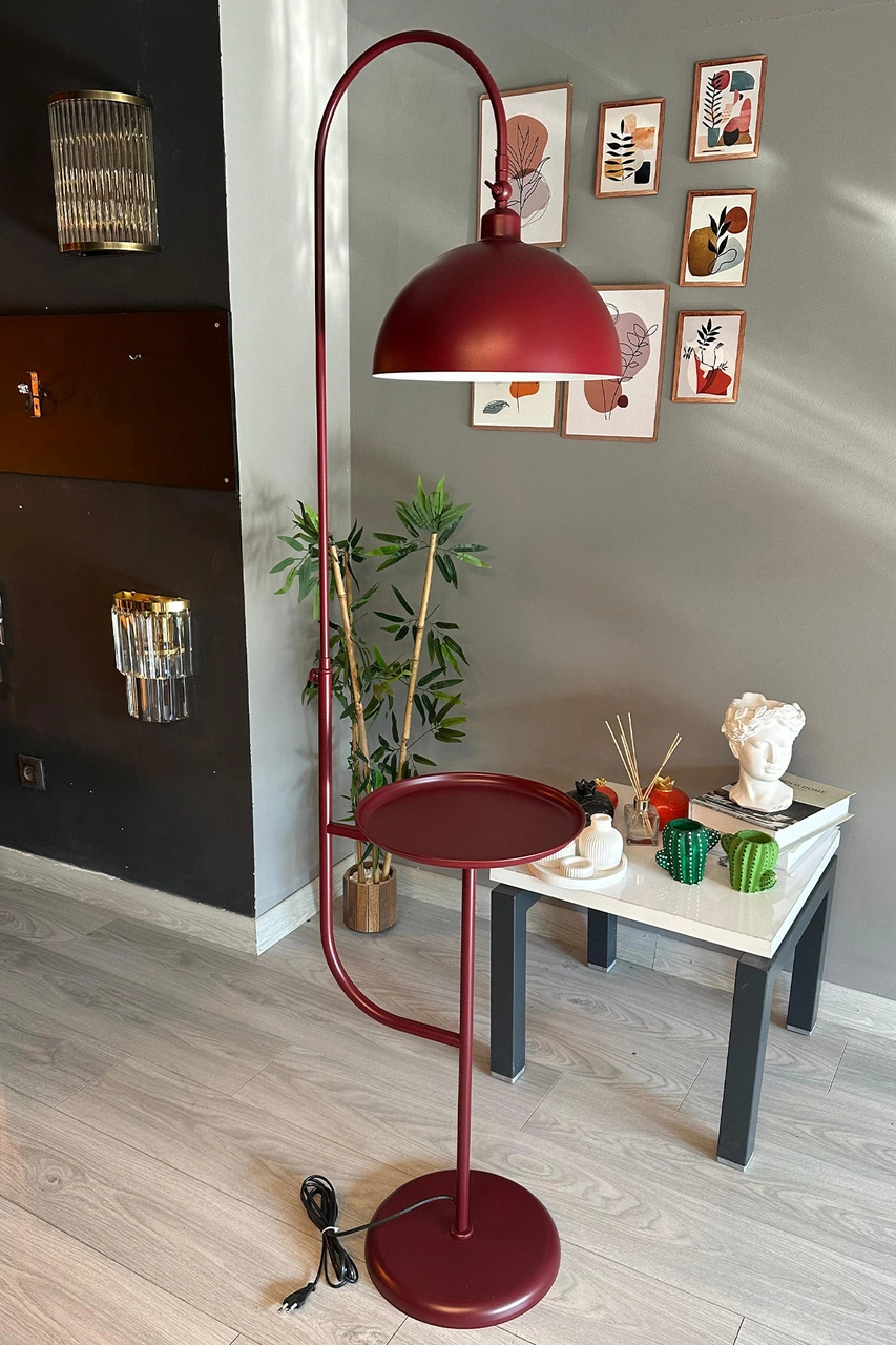 Vişne Çürüğü Lambader Hareketli Başlık Sehpalı Modern Dekoratif Metal Oturma Odası Çalışma Odası Bordo