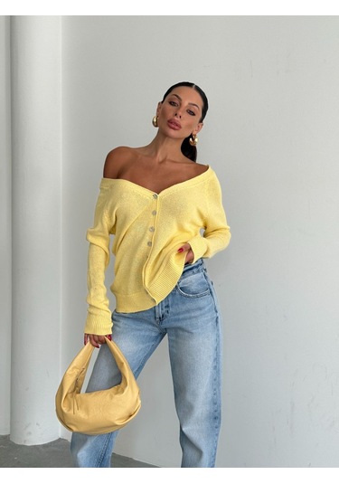 Kadın Yeni Sezon Sırt Ve Ön Düğme Sarı Triko Hırka Omuz Açık Kullanım Detaylı Sarı