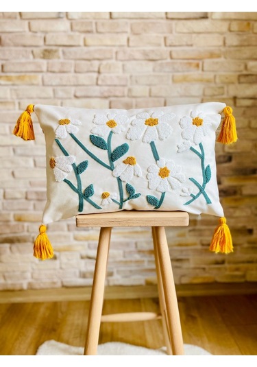 Swita Home Punch İşlemeli Tekli Dekoratif Papatya Desen Kırlent Kılıfı Panç Beyaz