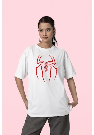Havalı Spider-man Logo Baskılı Unisex Oversize Tişört Beyaz