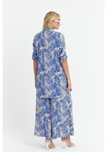 Schık Kadın Viskon Rahat Bol Paça Truvakar Kol Önü Düğme Baskılı Takım Saks