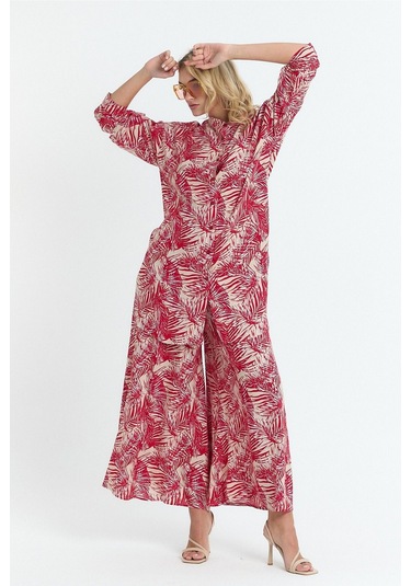 Schık Kadın Viskon Rahat Bol Paça Truvakar Kol Önü Düğme Baskılı Takım Kırmızı