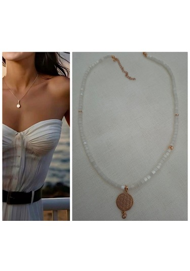 Sedef Boru Boncuklu Yaşam Çiçeği Kolye Uçlu Bayan Kolye