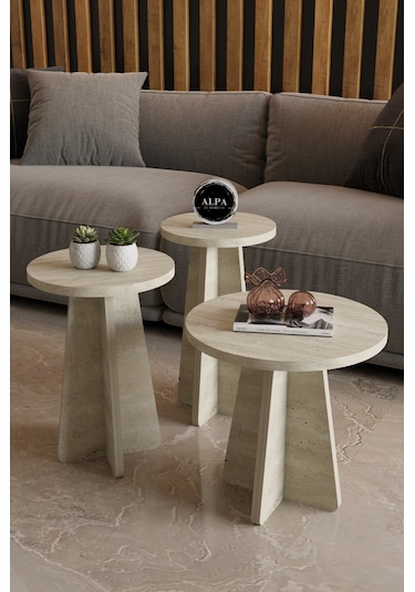 Alpa Ev Mobilya 3 Lü Mantar Zigon Sehpa Seti Modern Yuvarlak Tasarım, Dekoratif İskandinav Stil Traverten
