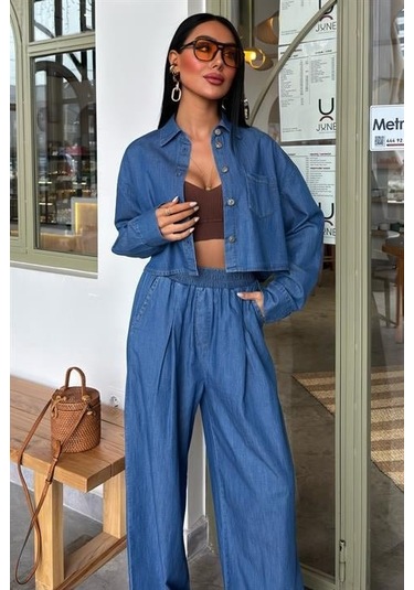 Denim Gömlek Plazzo Pantolon Takım 10163-08 Deni M