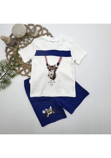 1-2-3 Yaş Fermuarlı Kedi Baskılı Şortlu Kısa Kollu Tişört 2li Erkek Bebek Takımı İndigo İndigo