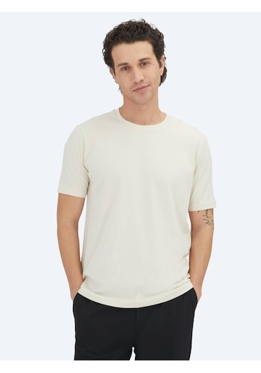 Kip Ekru Düz Bisiklet Yaka %100 Pamuk T-shirt Ekru