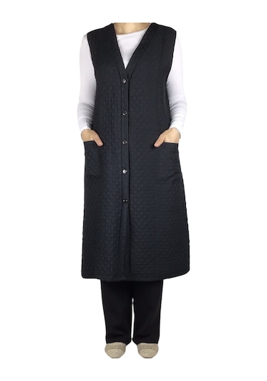 Kadın Önü Düğmeli Üstten Cepli Büyük Beden Kapitone Yelek Siyah