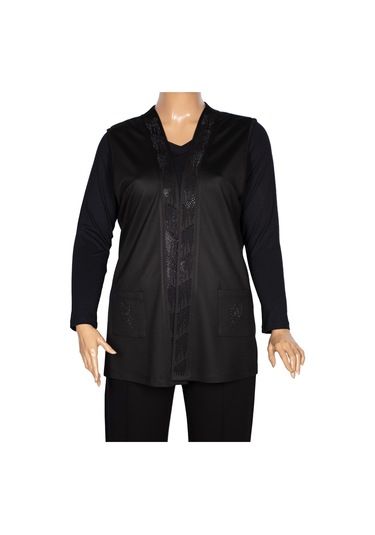 Hesna Kadın Alçin Büyük Beden 2 İp Kristal Taşlı Cepli Siyah Yelek Siyah