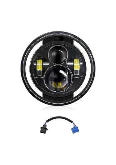7 İnç Otomobil/motorsiklet Led Farı Hilal Melek Gözü H4-h13 Adaptörlü 100w 10000lm Ip67 Siyah Alüminyum Kasatekli Paket