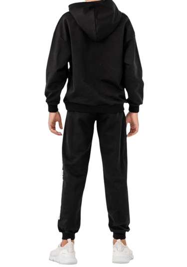 Erkek Çocuk Free Koordinat Yazılı Kapüşonlu Kanguru Cepli Siyah Renk Eşofman Takımı Siyah