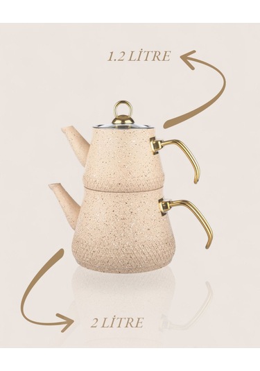 Enashop Granit Kaplama Gold Kulplu Cam Kapak Çaydanlık Krem Krem