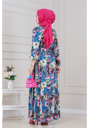 Beli Tünelli Çiçekli Viscon Elbise-mavi-5317 Mavi