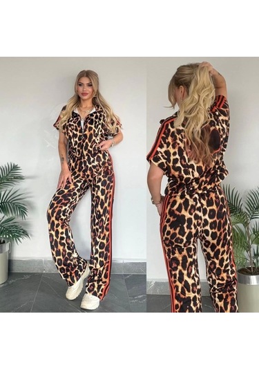 Kadın Dalgıç Kumaş Dijital Leopar Baskılı Şerit Detaylı Takım Leopar