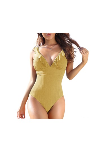 Mufunye Bayanlar İçin Sırt Açık Bağcıklı V-yaka Patalonlu Mayo, Pamuklu Döşeme, Pudra Desenli, Asya Numara Xl Turuncu Sarı